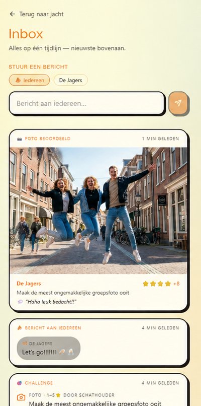 Inbox met berichten, foto-beoordelingen en challenges.